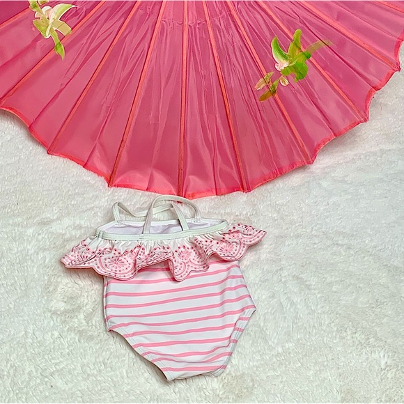 JANIE AND JACK PINK AND WHITE RUFFLE TOP CRISSCROSS STRAPS ONE PIECE SWIMSUIT - Picture 2 of 2